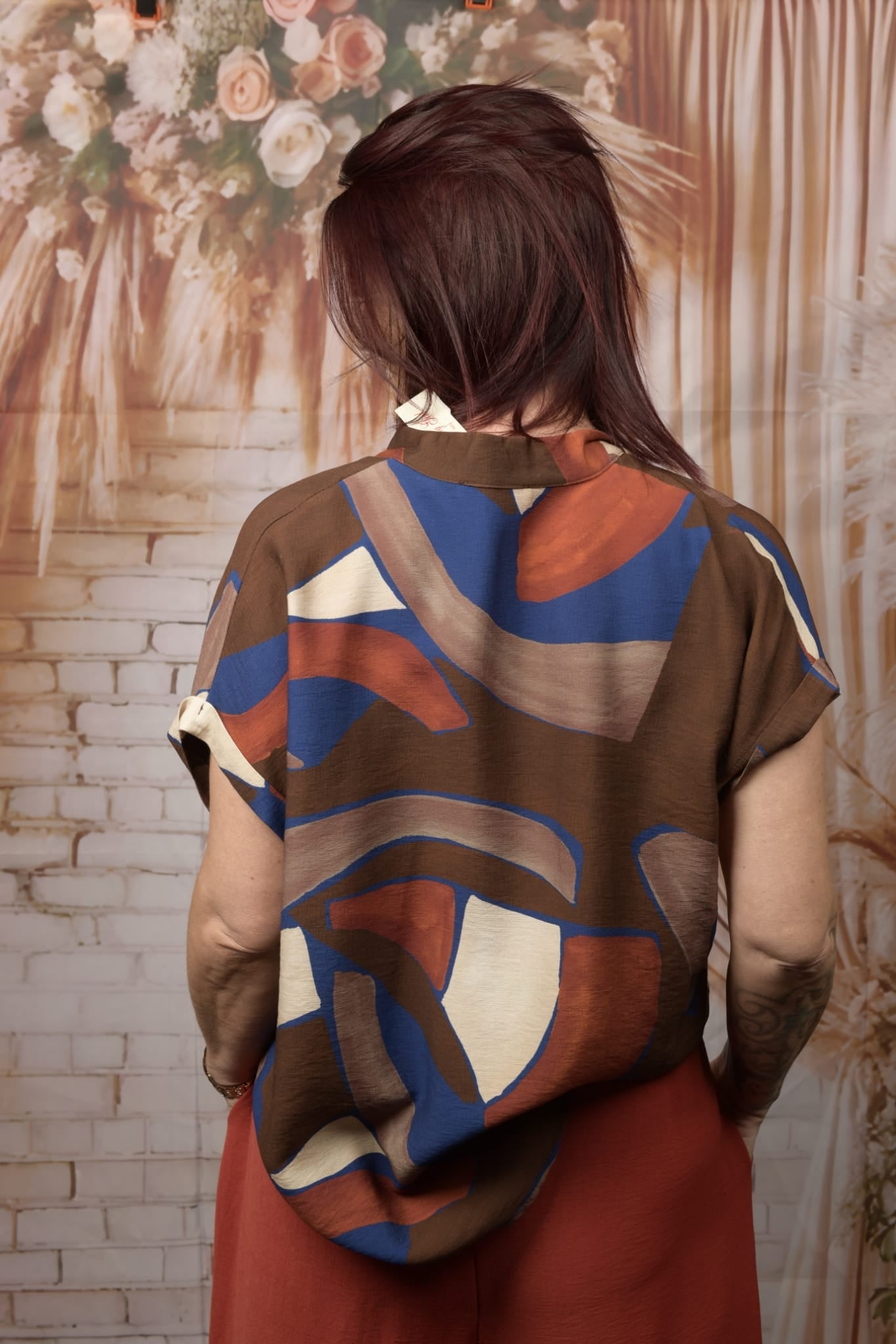 Grafische Blouse - Bruin/Blauw/Roest