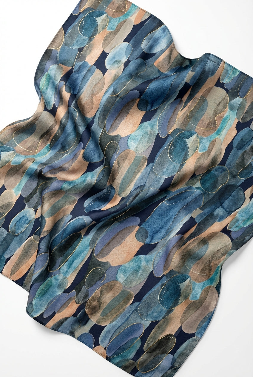 Sjaal met aquarel cirkelpatroon blauw en beige