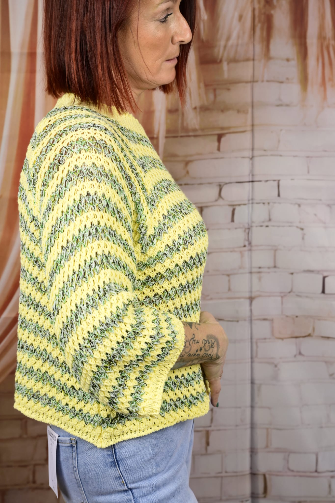 Gebreide Trui met Streepdessin - Geel/Groen