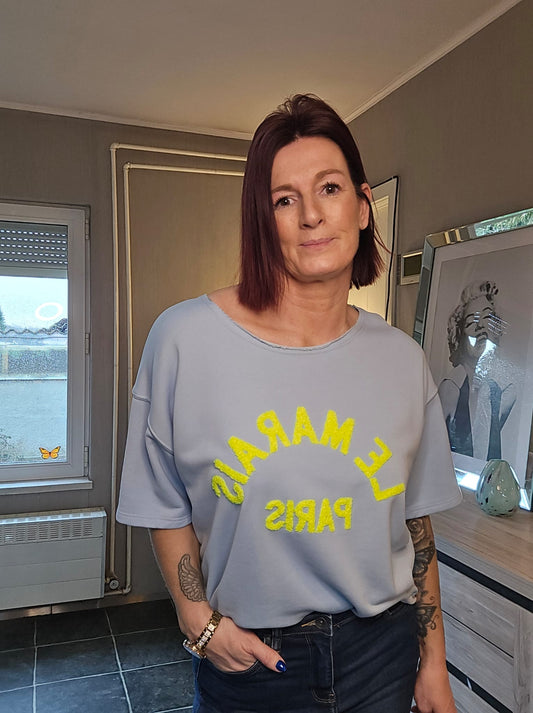 Blauwe Trui met Korte Mouw - Paris Print