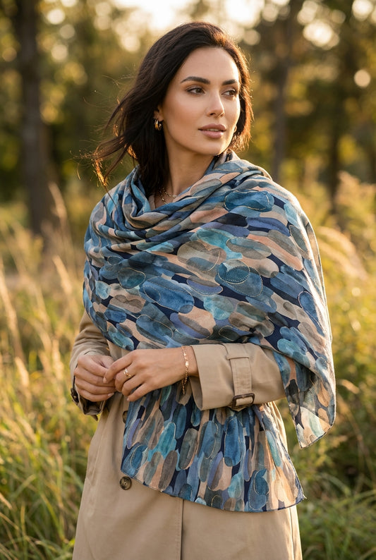 Sjaal met aquarel cirkelpatroon blauw en beige