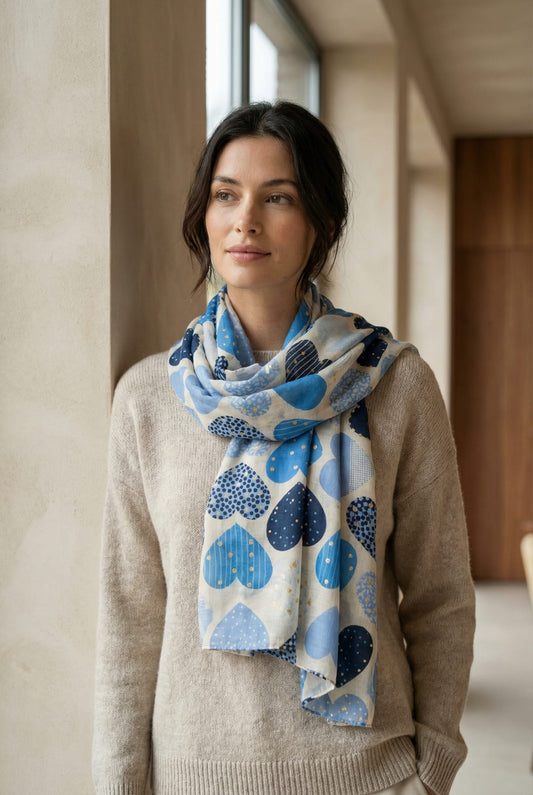 Sjaal met Hartjes Print - Blauw/Wit