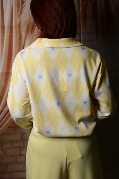Argyle Blouse met Kraag - Geel/Wit
