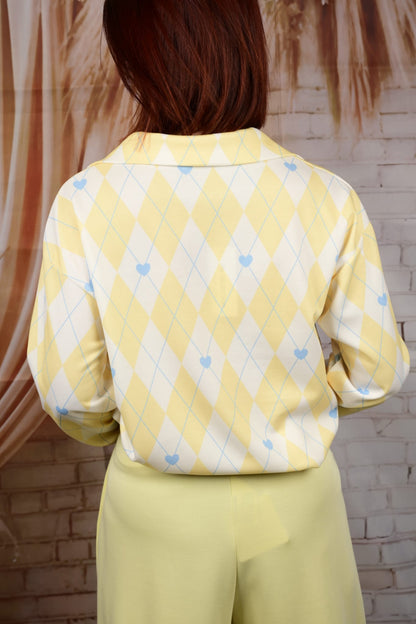 Argyle Blouse met Kraag - Geel/Wit