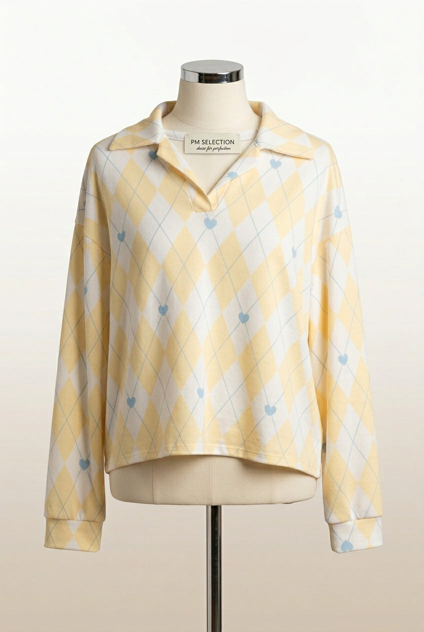 Argyle Blouse met Kraag - Geel/Wit