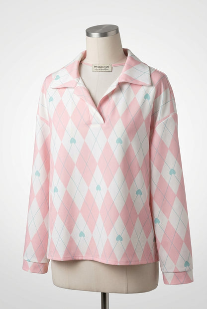 Argyle Blouse met Kraag - Geel/Wit