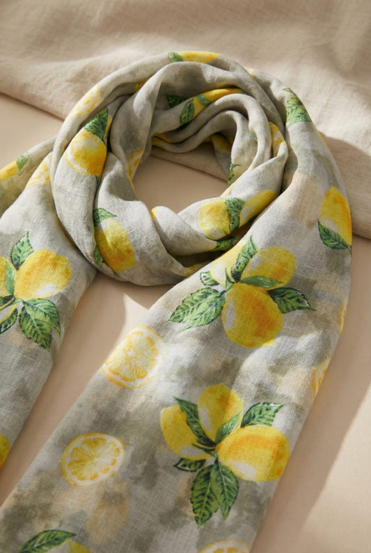 Sjaal met citroenenprint grijs en geel