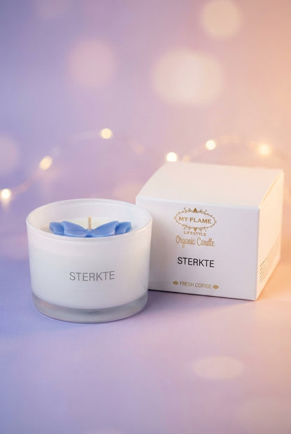 Geurkaars met vlinder en tekst sterkte