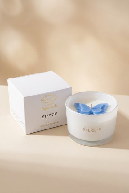 Geurkaars met vlinder en tekst sterkte