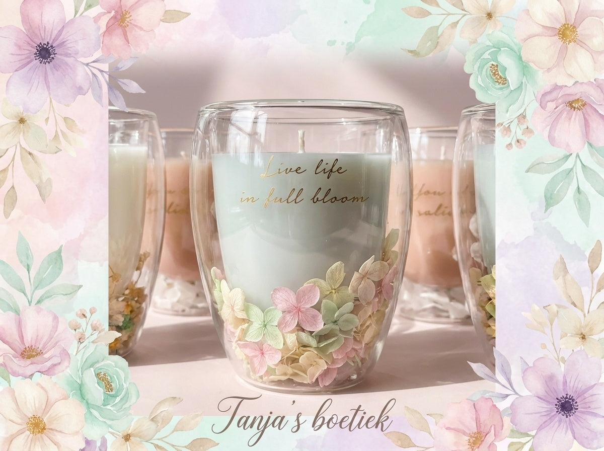 Geurkaars met tekst ' Live life in full bloom '